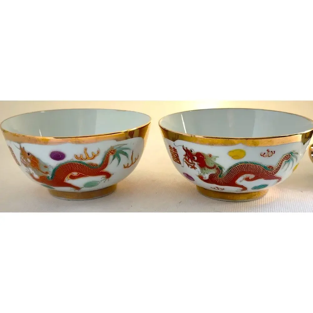Bowls-Rice/Noodle-Chinese Theme-Spoons-Vintage-Gold Trim-Phoenix & Dragon-Set 2 - Picture 8 of 14